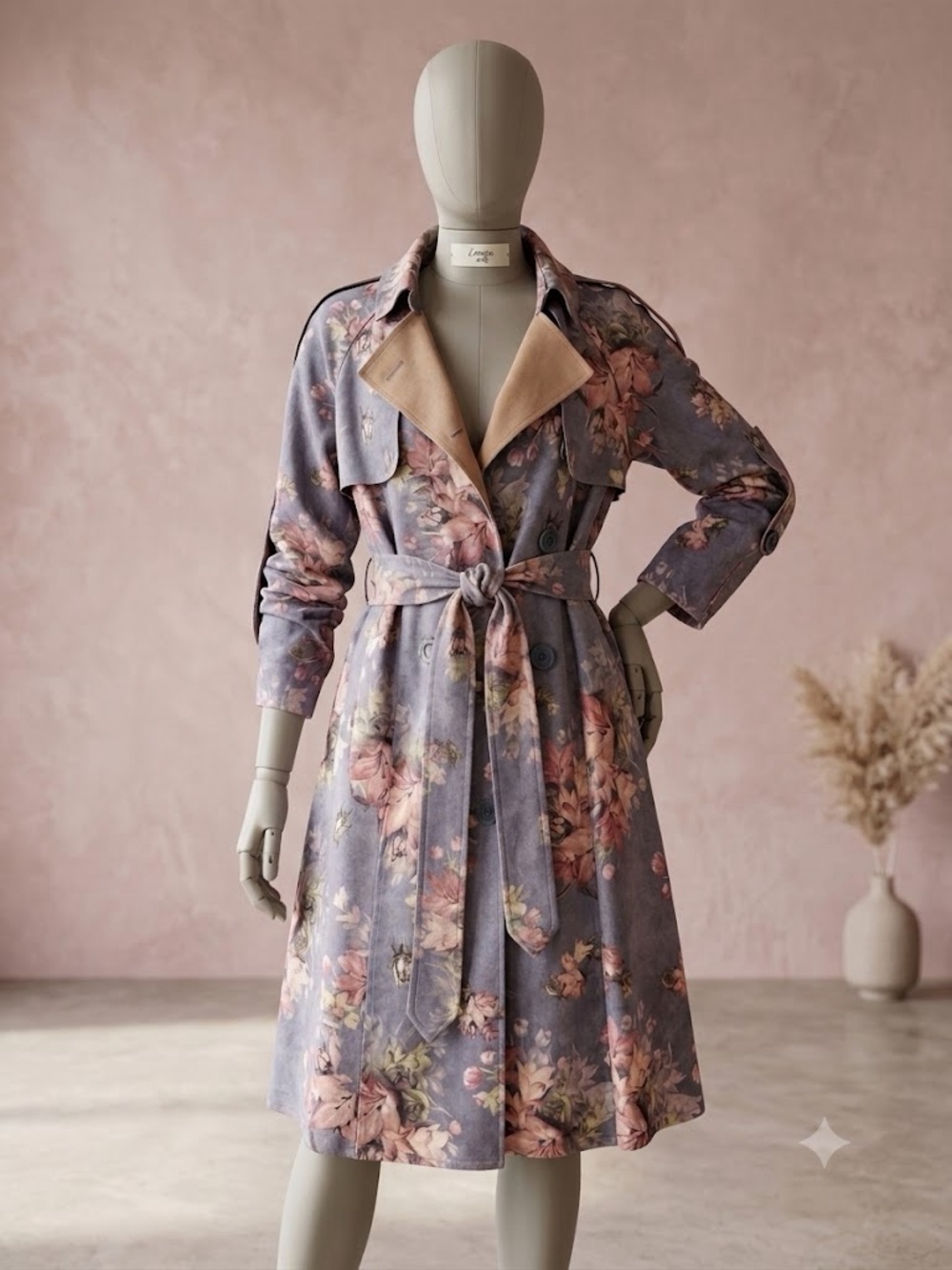 yi.ran Floral Tencel Faux Suede Trench Coat Double Breasted Midi Belted Jacket L - Picture 3 of 15